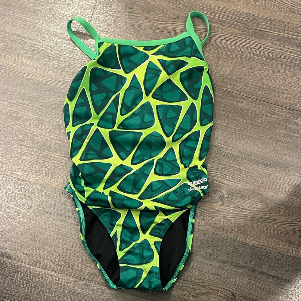 Speedo Kids One Piece in Green and Yellow Geometric Design